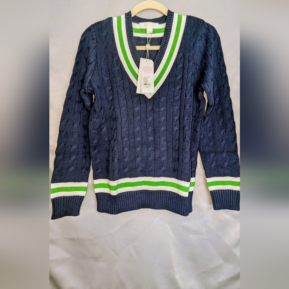 NWT Lilly Pulitzer Brockton Cotton V-Neck Sweater Low Tide Navy x Jolie Green S